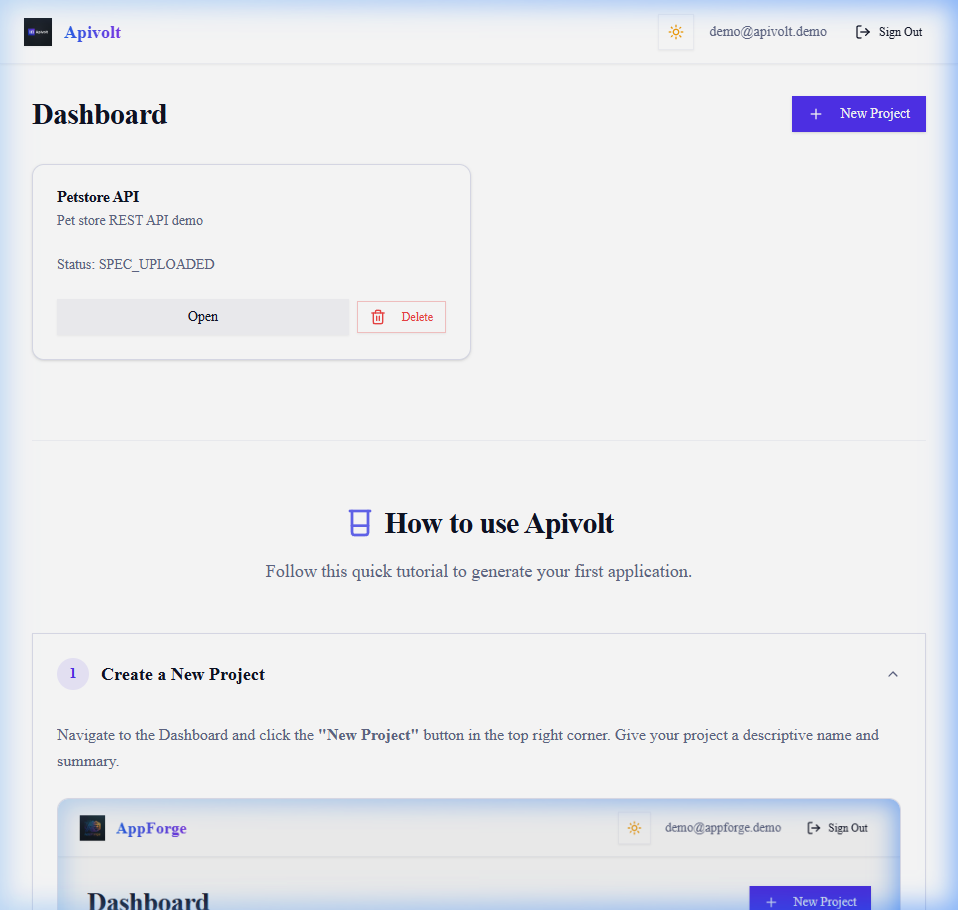 Apivolt Dashboard interface showing project list and New Project button